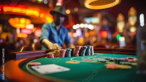 Homme joue à l'intérieur d'un casino (poker, blackjack ou roulette), gros plan sur les jetons et les mains