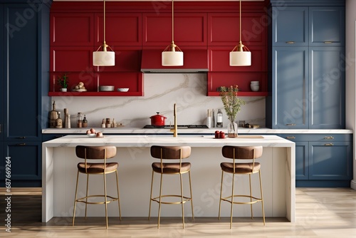 Interior of modern stylish kitchen with island and red cabinets