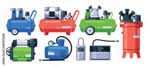 Air Compressors Vector Set. Mechanical Devices That Increase Air Pressure, Converting Power Into Potential Energy