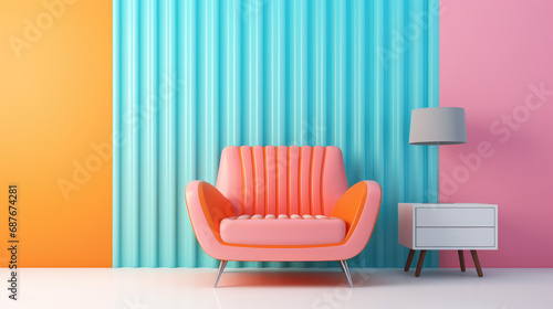 Pastel armchair in a room with a background, minimal decor 
