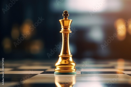 A golden chess piece placed on a chess board. Suitable for strategic concepts and game-related designs