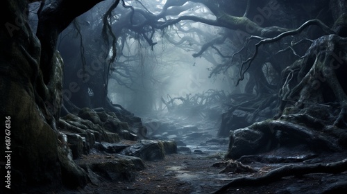 A dense fog enveloping a mystical forest, shrouding ancient trees in mystery.