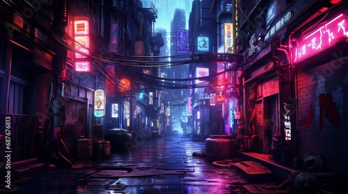 A dystopian cyberpunk alley with neon signs and holographic projections.