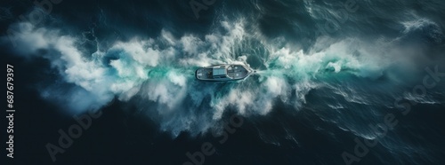 a motorboat traveling in the ocean from an overhead aerial view,