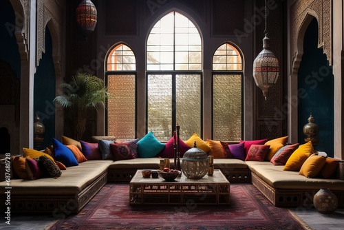 Moroccan-style living room interior with sofa, pillows and coffee table