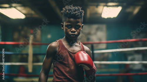 African American boy from a poor family trains in an old boxing gym. ai generative