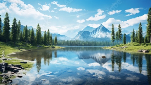 A tranquil mountain lake reflecting the surrounding forest under a clear blue sky with wispy clouds.