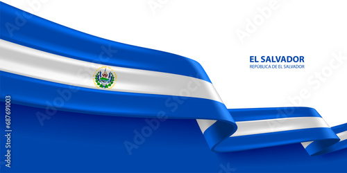 El Salvador 3D ribbon flag. Bent waving 3D flag in colors of the El Salvador national flag. National flag background design.