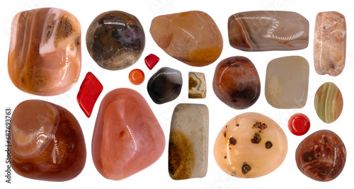 Set PNG of various red, yellow and orange stones jasper, morganite, amber and others isolated on transparent background