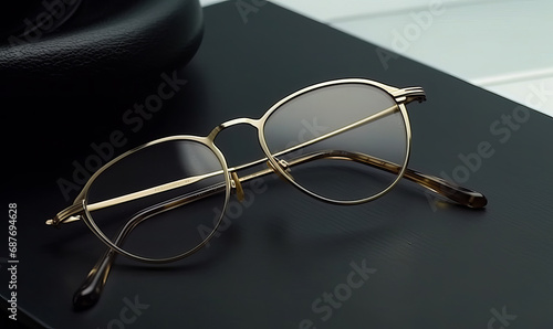Design a fashionable and retro metal eyeglasses. A pair of glasses sitting on top of a table