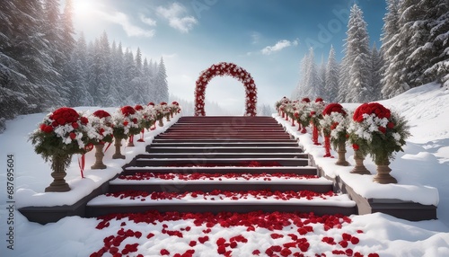 wedding backdrop with christmas themed, heavy snow on the winding stair steps, staircase, floral arch, red and white roses covered with snow, white trees, forest background