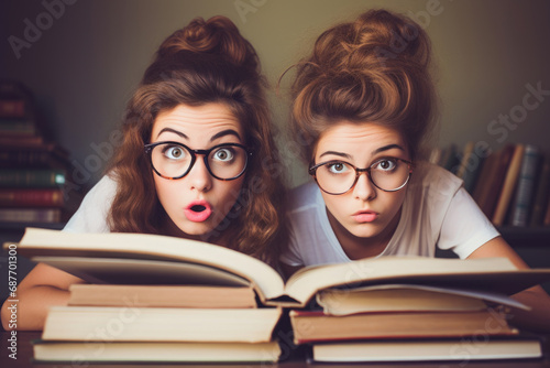 Scholarly Dismay: Two female students, both young and bespectacled, are shocked by the sight of countless books. Preparing rigorously for exams, fully immersed in their studies