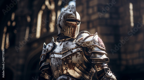 close-up of a medieval knight in armor with a castle backdrop