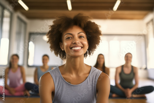A woman is smiling in front of a group of women sitting on yoga mats