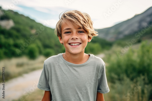 A young boy in a grey shirt smiles for the camera