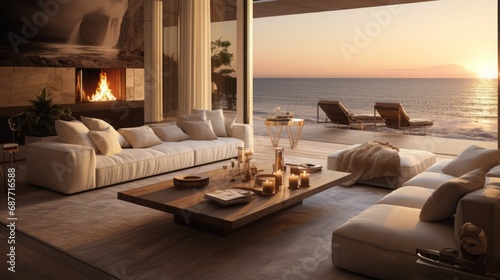 costal life interior design, photorealistic, high quality, livingroom, design golden hour, 16:9