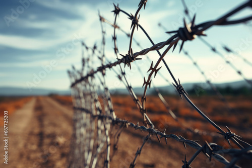 Barbed security wire on a fence in a field or border.generative ai