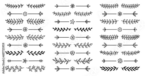 Laurel and floral text dividers doodle set. Wedding decorative elements with leaves and flowers. Branches, divider ornament, borders, lines. Hand drawn vector illustration isolated on white background