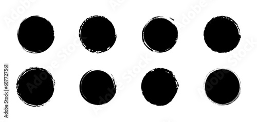 Grunge circles set. Grunge round shapes. Banner circle frames for text. Black paint stains. Vector illustration.