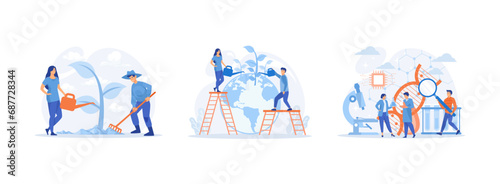 World Environment Day, people grow plants, biotechnology DNA research. Bio technology set flat vector modern illustration 