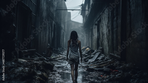 Lost girl walks away alone along dark spooky alley, back view of scared young woman in creepy grungy place. Female person like in thriller or horror movie. Concept of victim, cinematic