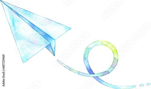 円を描いて飛ぶ紙飛行機の水彩イラスト