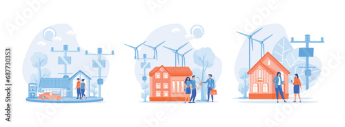 Eco house, Happy People Buying new Home, with Real Estate Agent Presenting Modern House to the Clients. Ecology Green Energy. Eco house set flat vector modern illustration