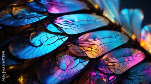 Multi-colored, vibrant abstract texture, wing of psychedelic dragonfly under microscope