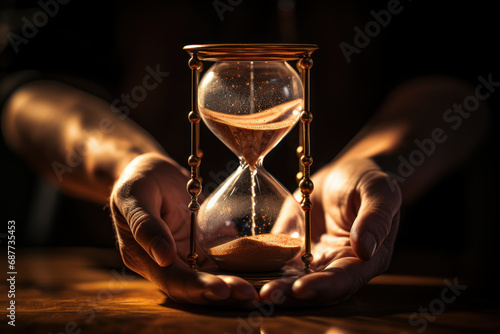A pair of hands holding a classic hourglass with sand slowly slipping through, signifying the relentless passage of time. Concept of temporal awareness. Generative Ai.