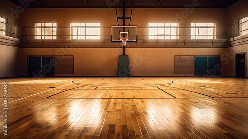 Indoor Gymnasium Basketball Hoop with Parquet Court Below.
