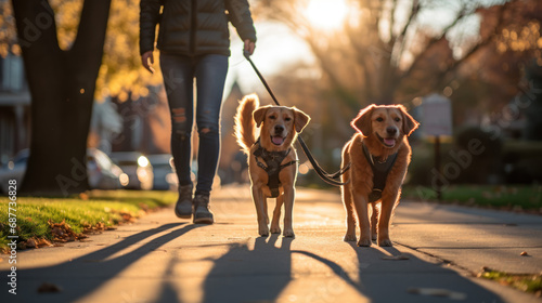 Dog Walker Managing Multiple Leashes on a Morning Sidewalk Stroll.