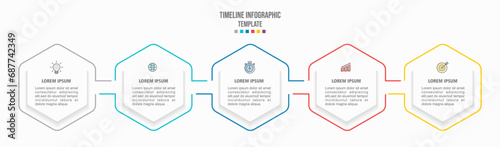 Timeline infographic with infochart. Modern presentation template with 5 option for business process. Website template on white background for concept modern design. Horizontal layout.