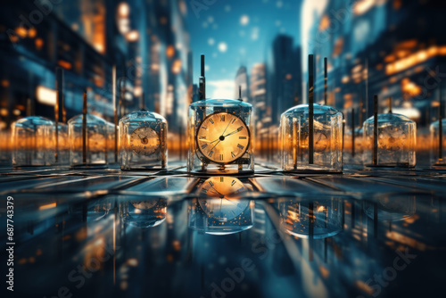 A series of transparent clocks overlaid on an abstract cityscape, portraying the urban rhythm intertwined with the ticking of time. Concept of temporal urbanism. Generative Ai.