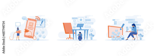 Information overload. Stressed person in info flood. Girl protecting themselves from flow of information and news turning off smart phone. Information overload se flat vector modern illustration