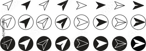 Black Flat Message send icons Set. Direct messages or DM symbols editable stock. Send post or mail or email arrows icons. Plane origami send icons for web designs isolated on transparent background.