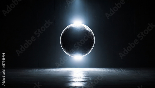 暗い部屋に浮かぶ金属の球体。生成AI。