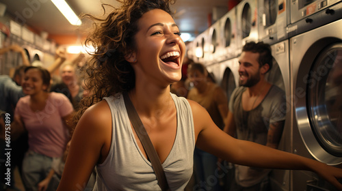 Close-up of individuals having a spontaneous dance party while waiting for their laundry to finish at a laundromat, turning a mundane task into a lively celebration.
