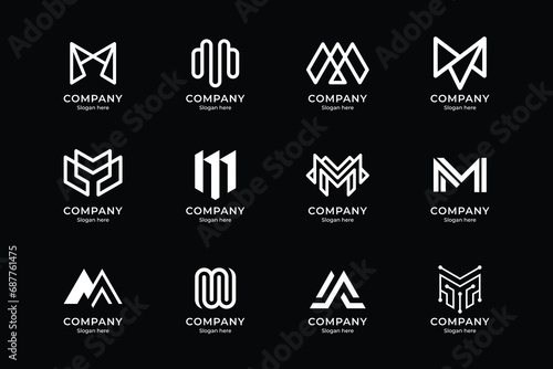 Set of abstract letter M logo design. icons for business of luxury elegant, simple with white color