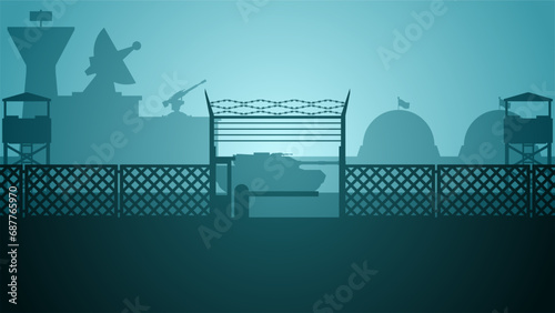 Military base landscape vector illustration. Silhouette of at military base with tank and watchtower. Military landscape for background, wallpaper or illustration