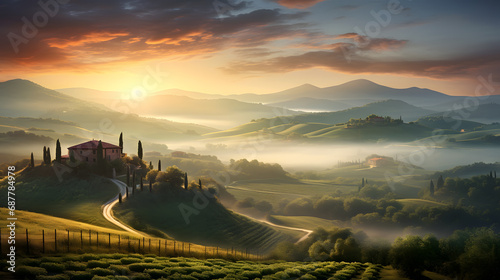 Beautiful landscape of Tuscany, Italy, at sunrise