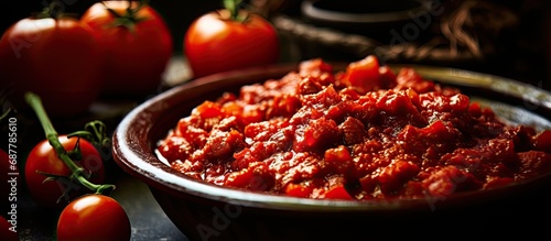 Incorporating tomato paste into minced meat.