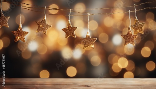 Christmas background, stars decoration hanging above, table top for product placement, wooden surface for item display, bokeh golden blurred lights at the background