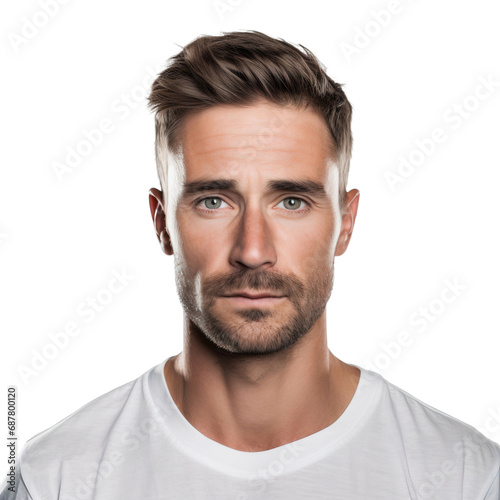 Close up portrait of a young man with serious expression isolated on white background, transparent cutout