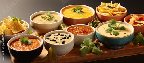 Assorted Mexican dishes with cheese sauce.