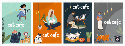 Set of vector cards with cartoon cat cafe characters, cat, animal friendly, small business graphics, customer and barista. Modern flat vector.