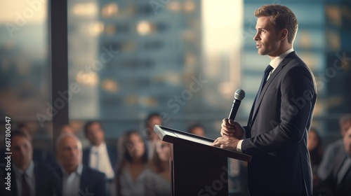 Young man engaged in a heartfelt, first-time public speaking event, a candid coming of age moment filled with genuine emotion