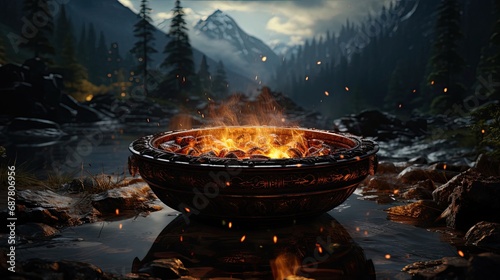 Large vat fire of a tourist traveler in the mountains near a lake in nature, camping