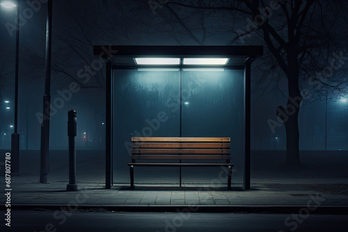 An isolated bus station at night