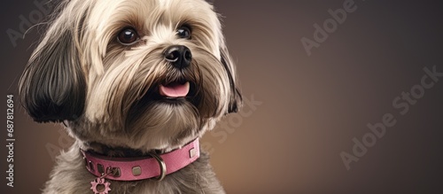 10-year-old male Lhasa Apso wears collar after vet removes skin tumor.