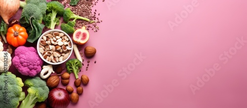 Brain-boosting foods on pink background. Energizing food and mental wellbeing. Healthy living. Space for text. Overhead view. Mindful eating plan.